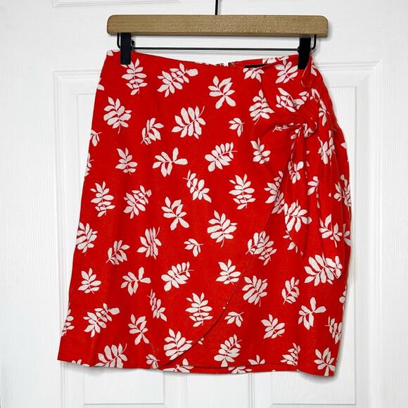 Ann Taylor Linen Blend Red Leaf Print Sarong Skirt Size 6 - Picture 1 of 7